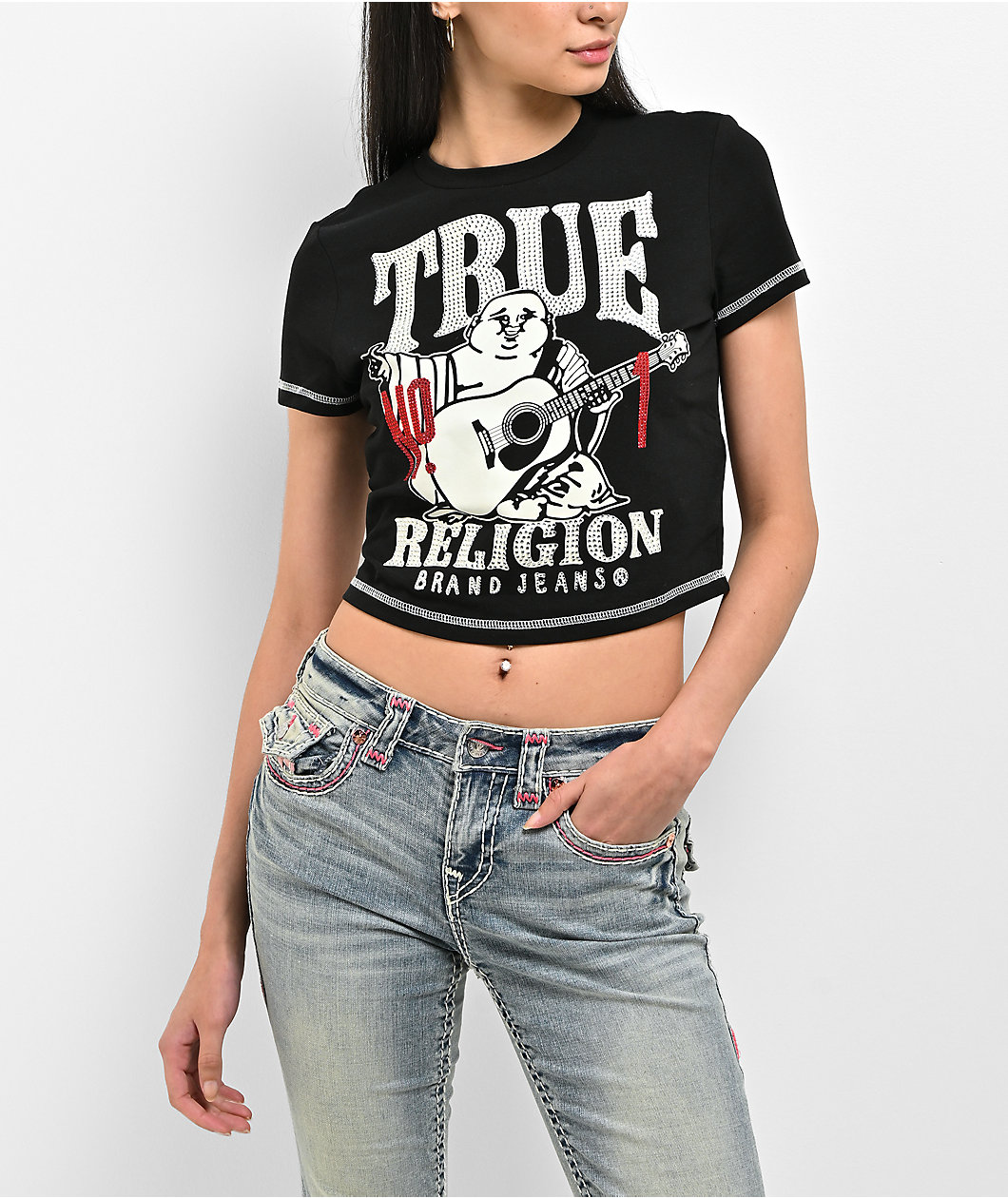 True Religion Crystal Buddha Black Crop T-Shirt