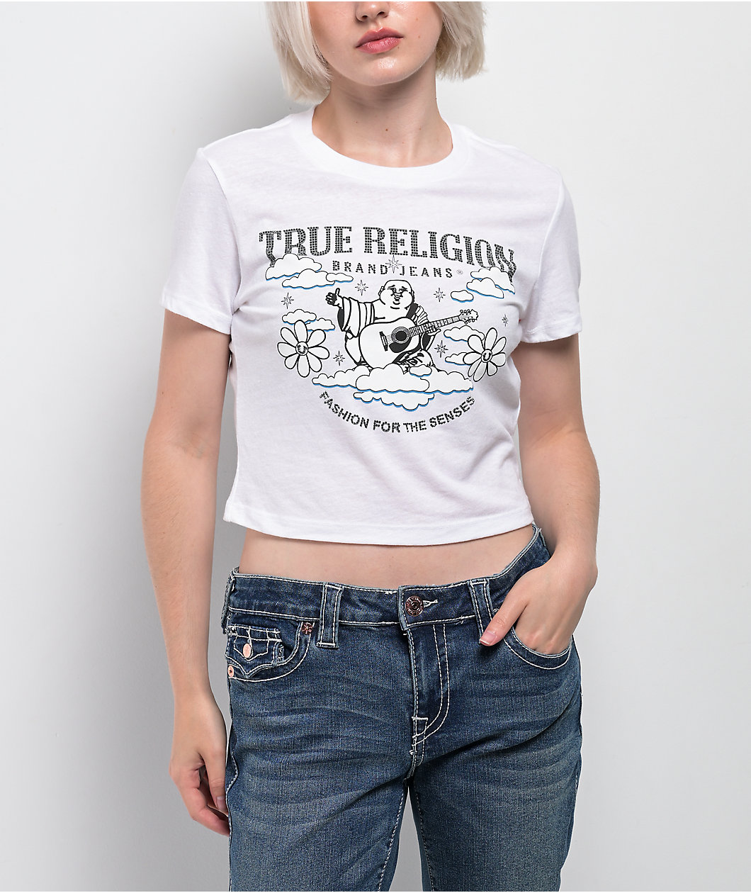 True Religion Crystal Buddha Burnout White Crop T-Shirt