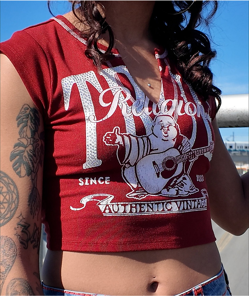 True Religion Crystal Buddha Notch Rib Crop T-Shirt