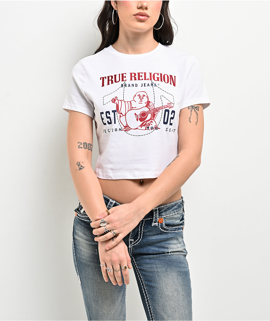 True Religion Crystal Buddha White Crop T-Shirt