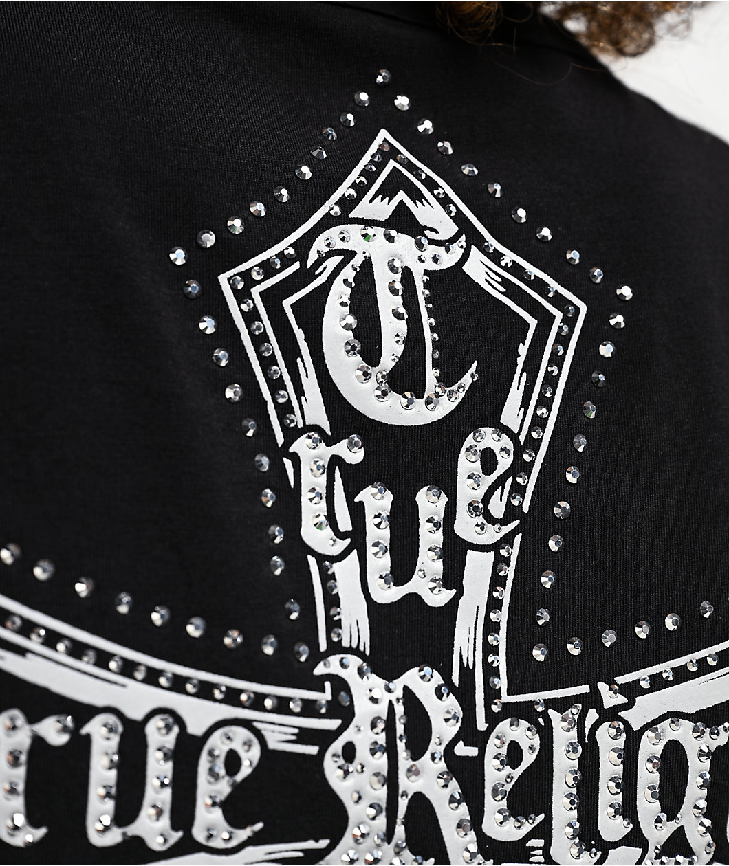 True Religion Crystal Cross Black Notch Crop T-Shirt