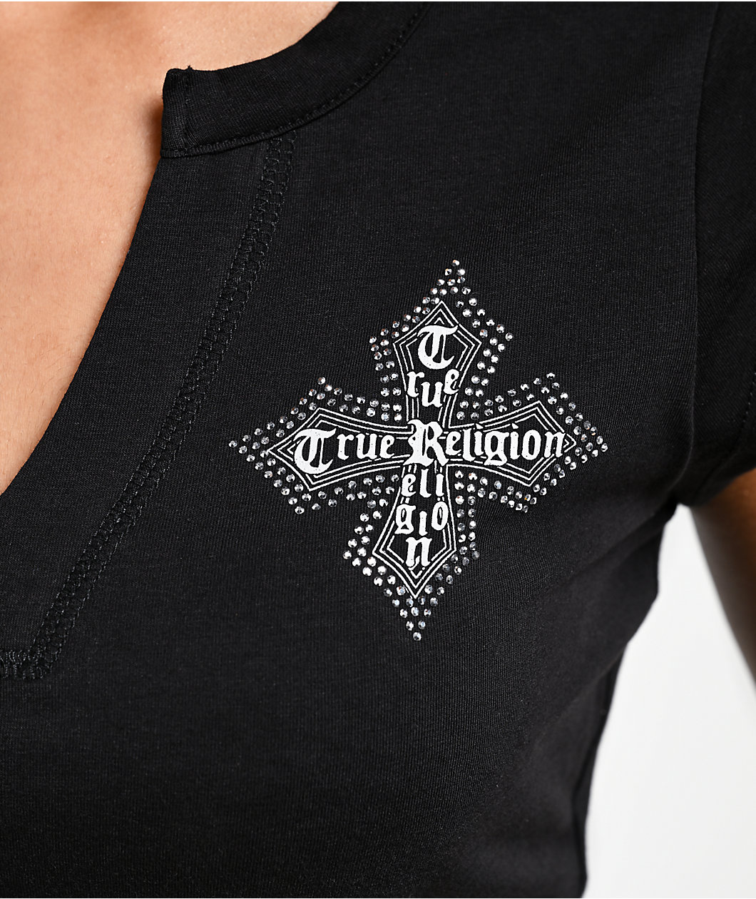 True Religion Crystal Cross Black Notch Crop T-Shirt