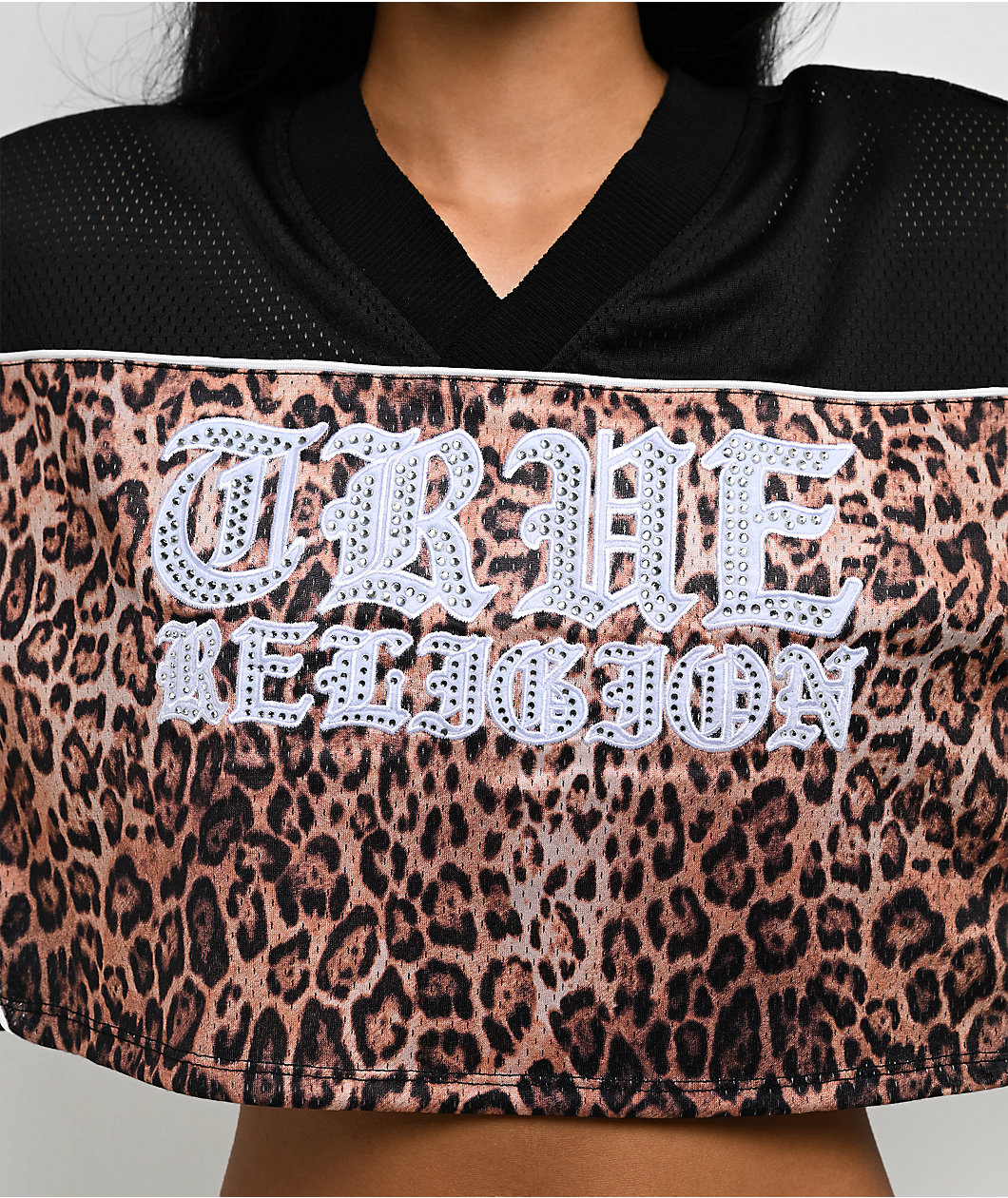 True Religion Crystal Leopard Brown Boxy Crop Jersey