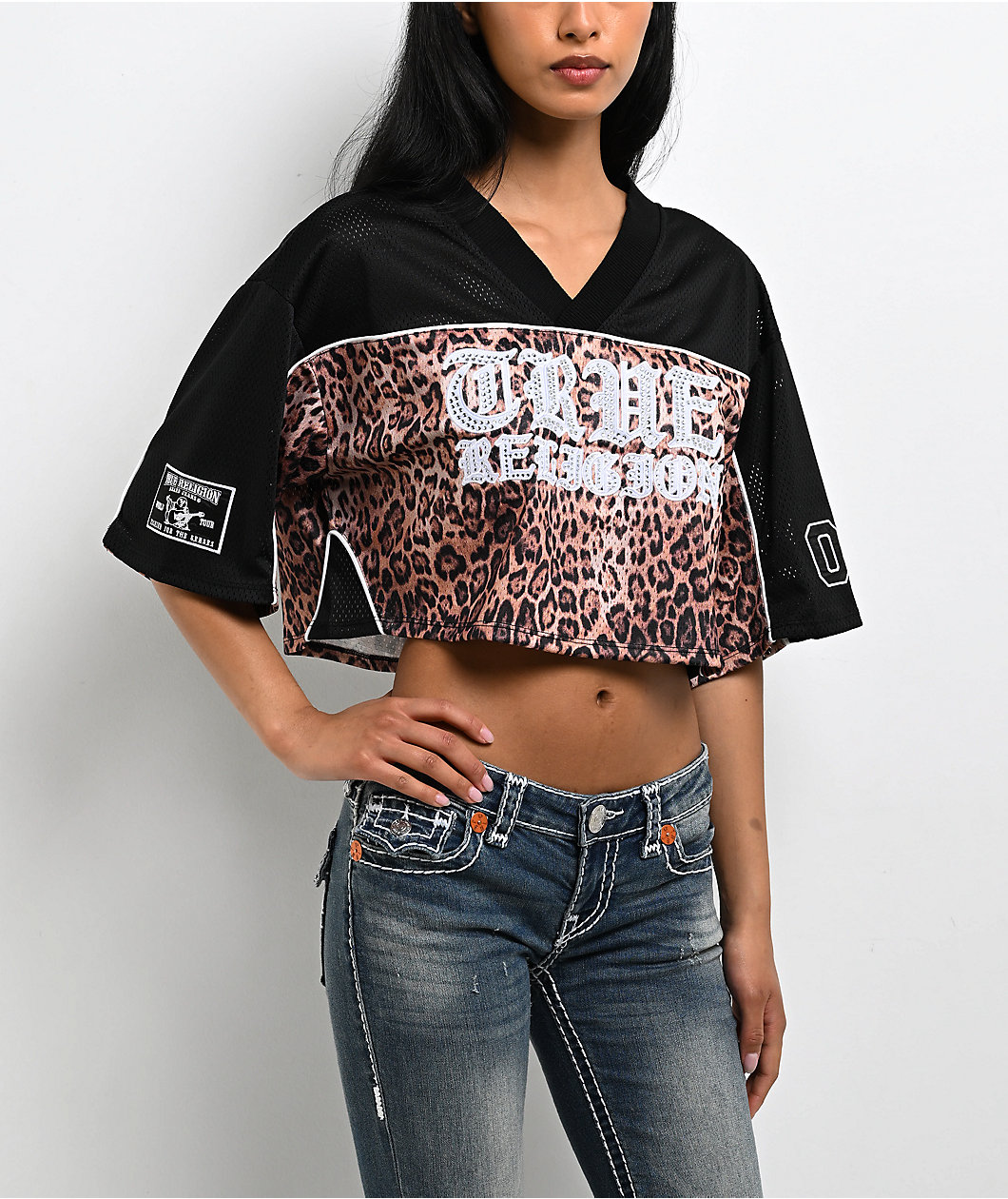 True Religion Crystal Leopard Brown Boxy Crop Jersey