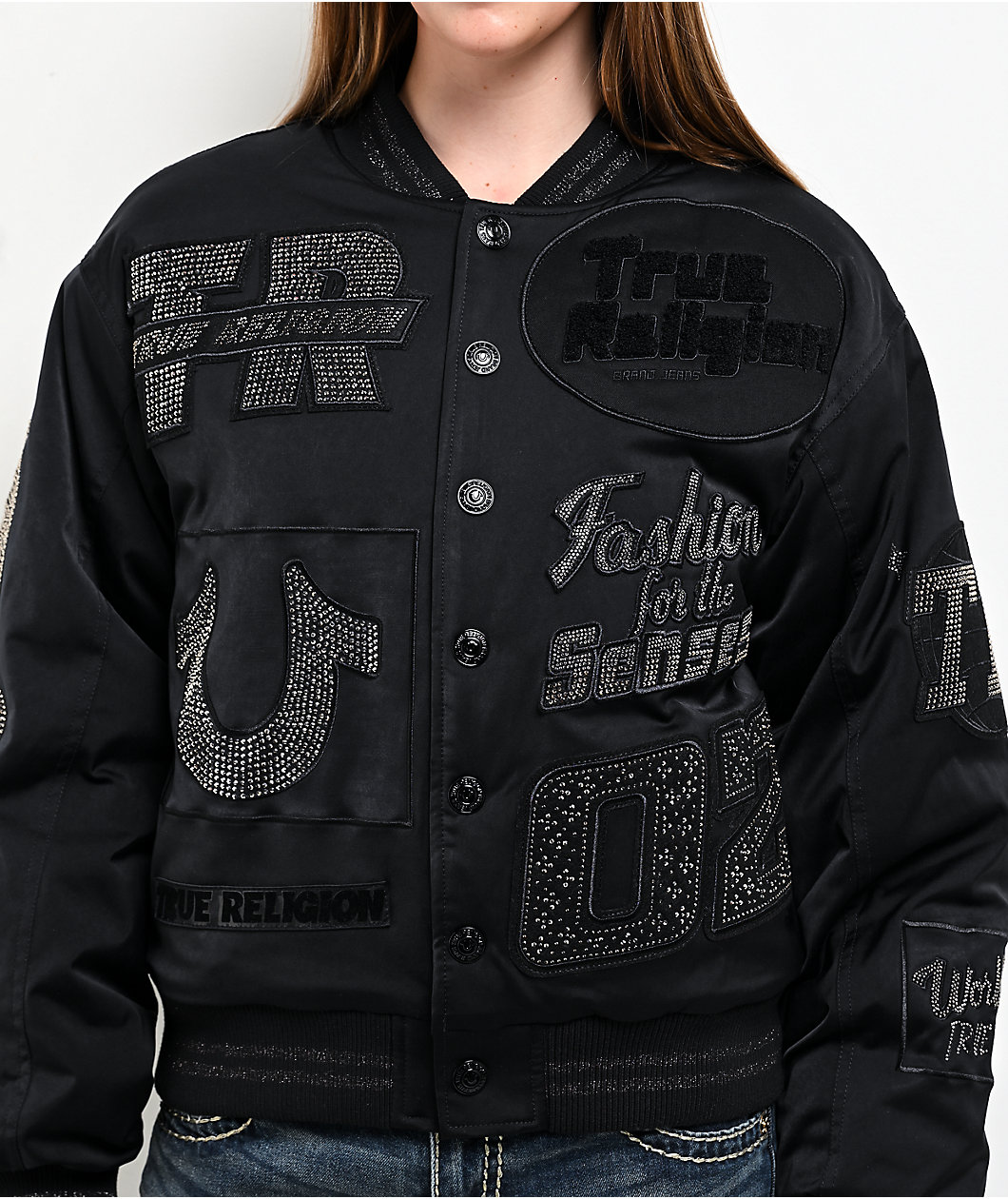 True Religion Crystal Logo Black Bomber Jacket