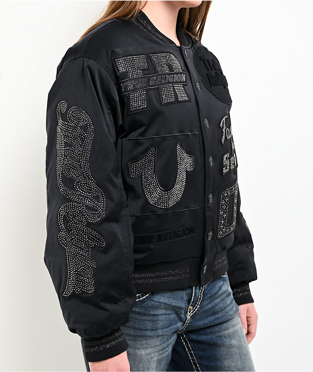True Religion Crystal Logo Black Bomber Jacket