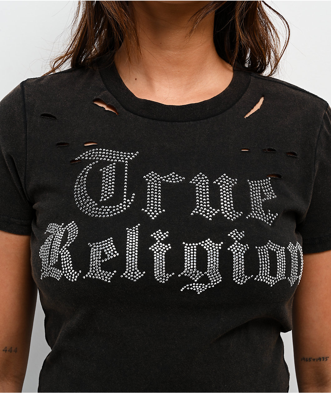 True Religion Crystal Logo Distressed Black Wash T-Shirt