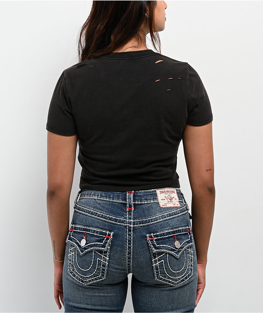 True Religion Crystal Logo Distressed Black Wash T-Shirt