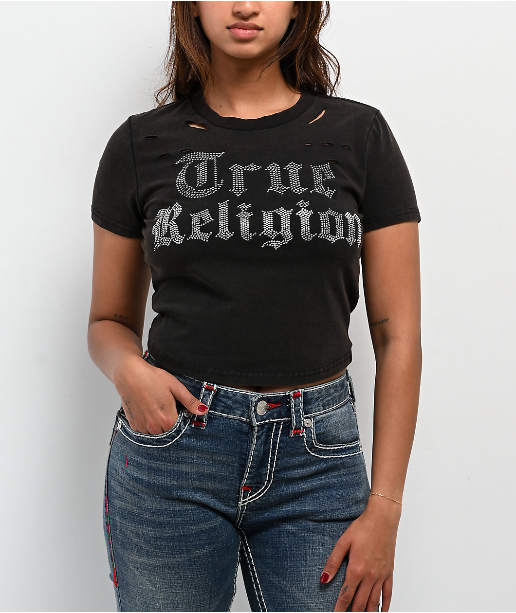 True Religion Crystal Logo Distressed Black Wash T-Shirt