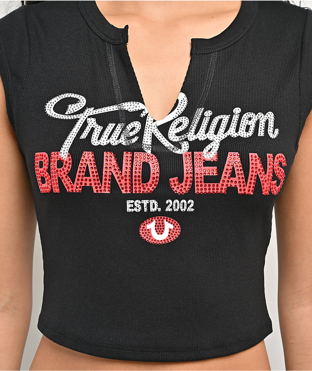 True Religion Crystal Logo Notch Rib Crop T-Shirt