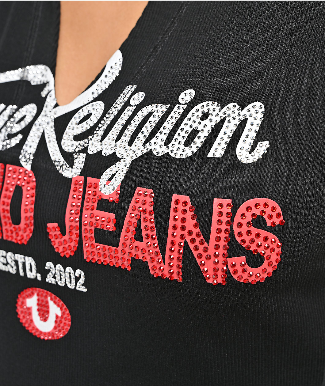 True Religion Crystal Logo Notch Rib Crop T-Shirt