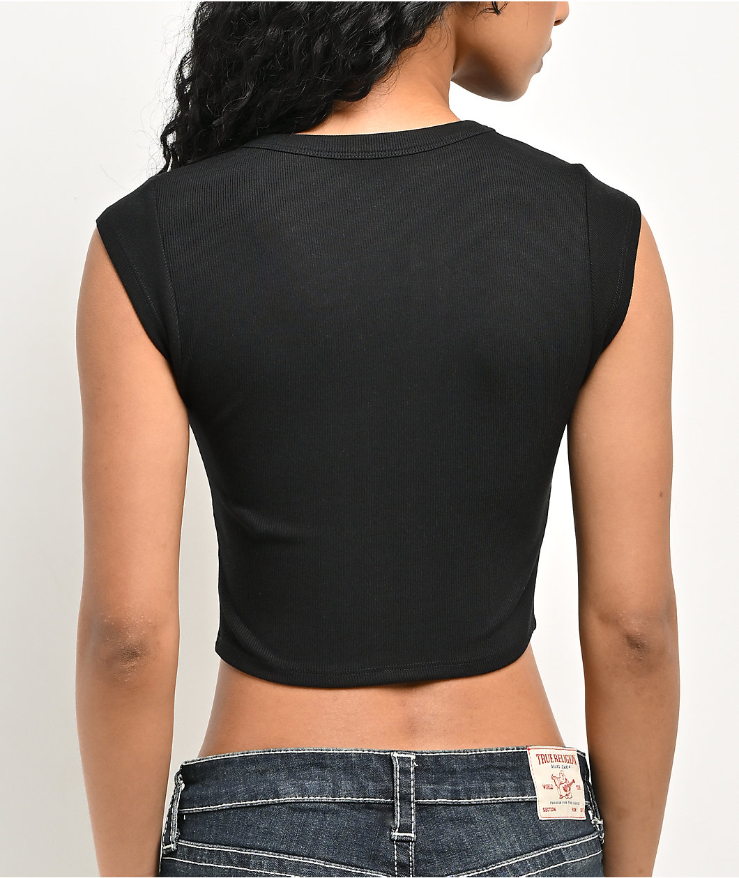 True Religion Crystal Logo Notch Rib Crop T-Shirt