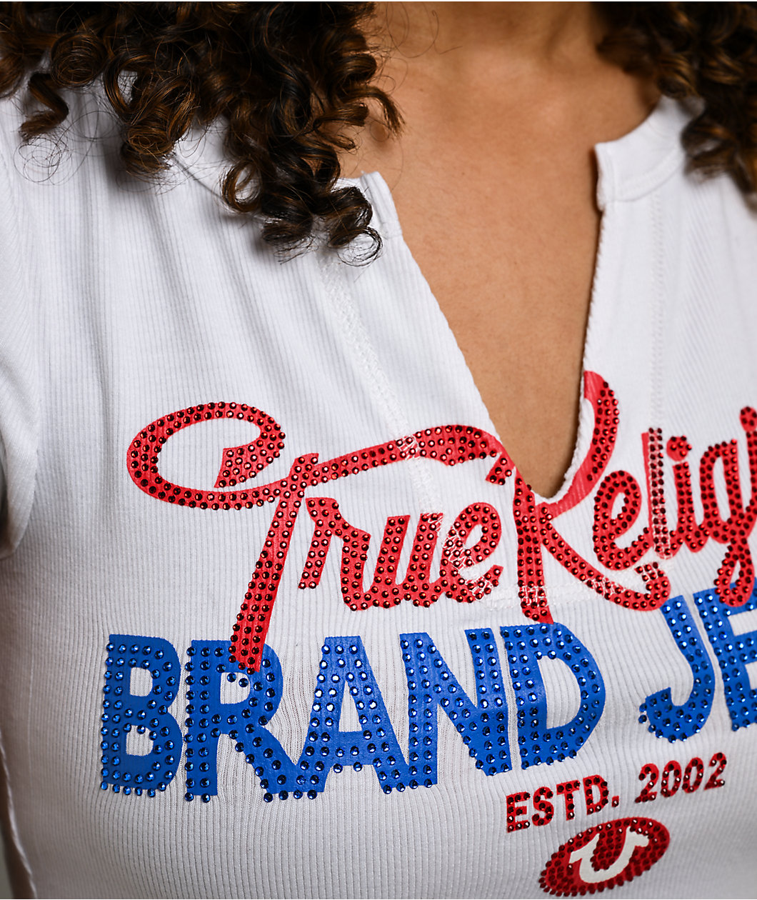 True Religion Crystal Logo V-Notch White T-Shirt