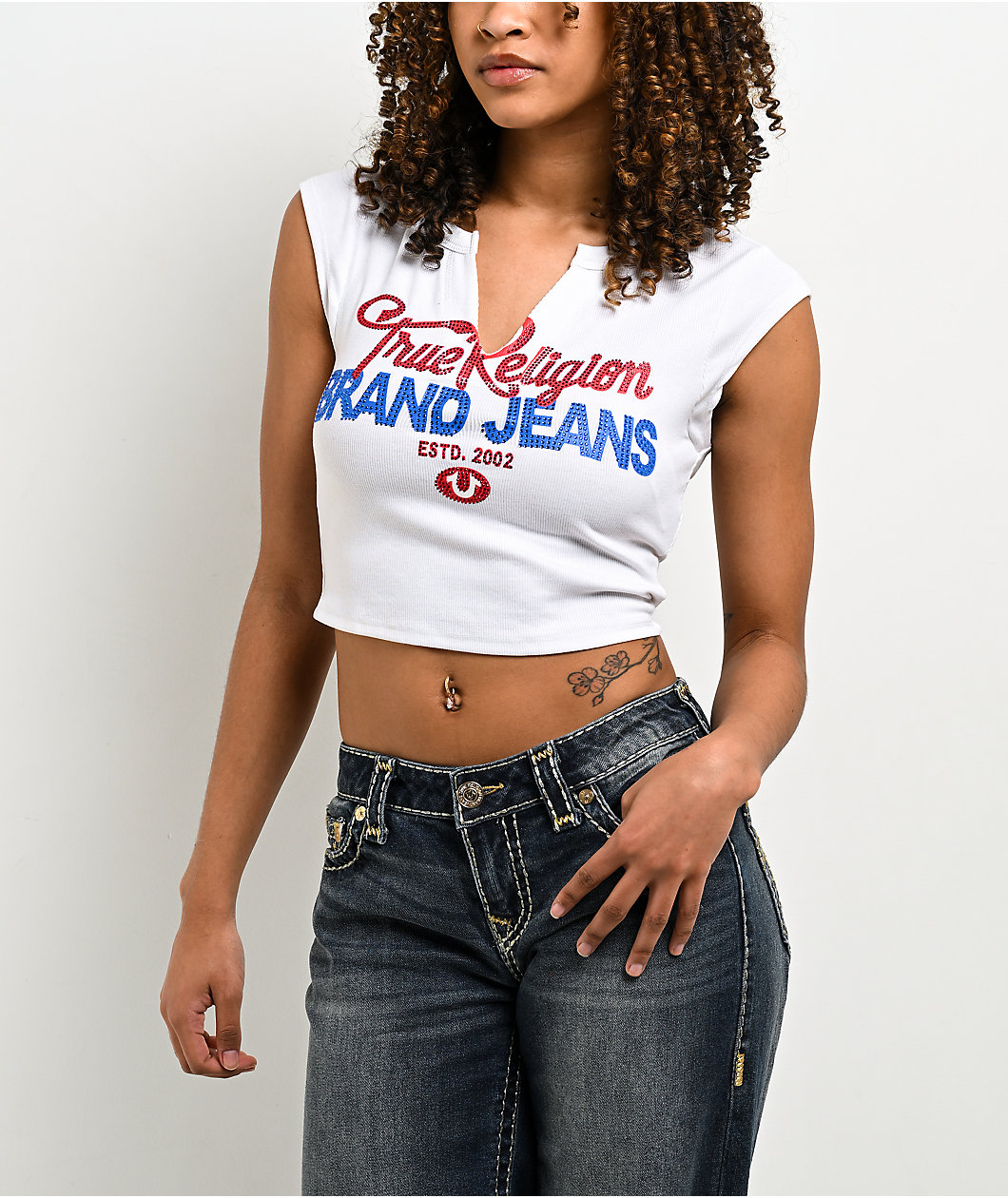 True Religion Crystal Logo V-Notch White T-Shirt
