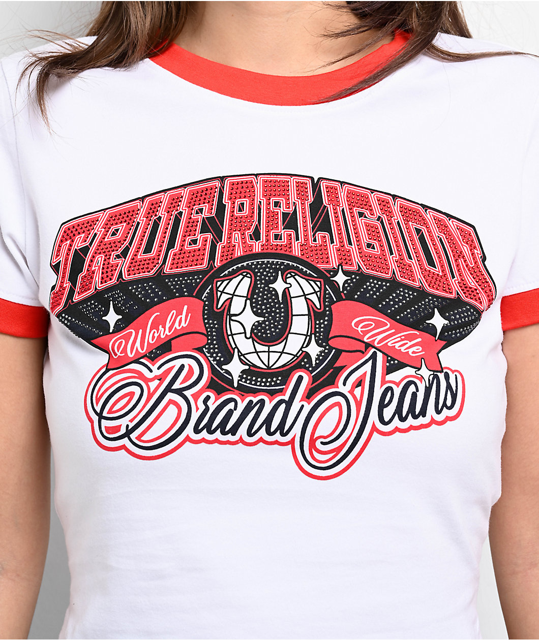 True Religion Crystal Logo White & Red Ringer Crop T-Shirt