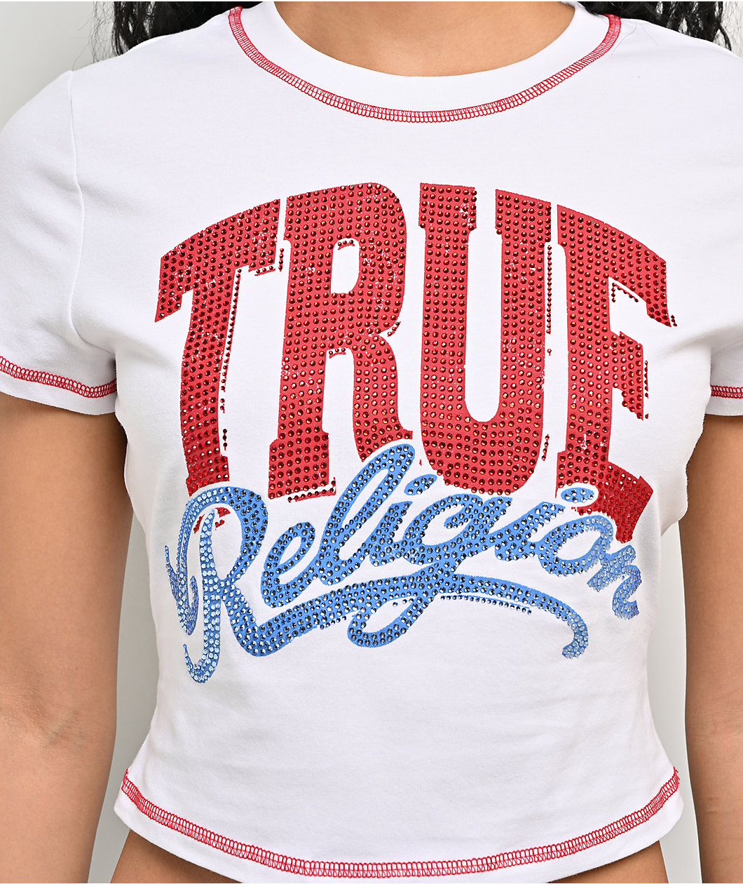 True Religion Crystal Logo White Crop T-Shirt