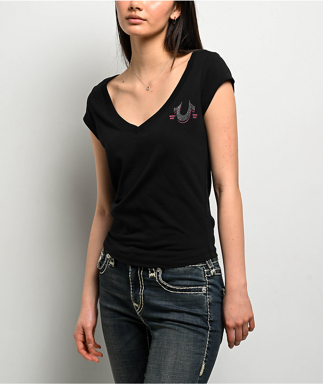 True Religion Crystal Low Plunge Black T-Shirt