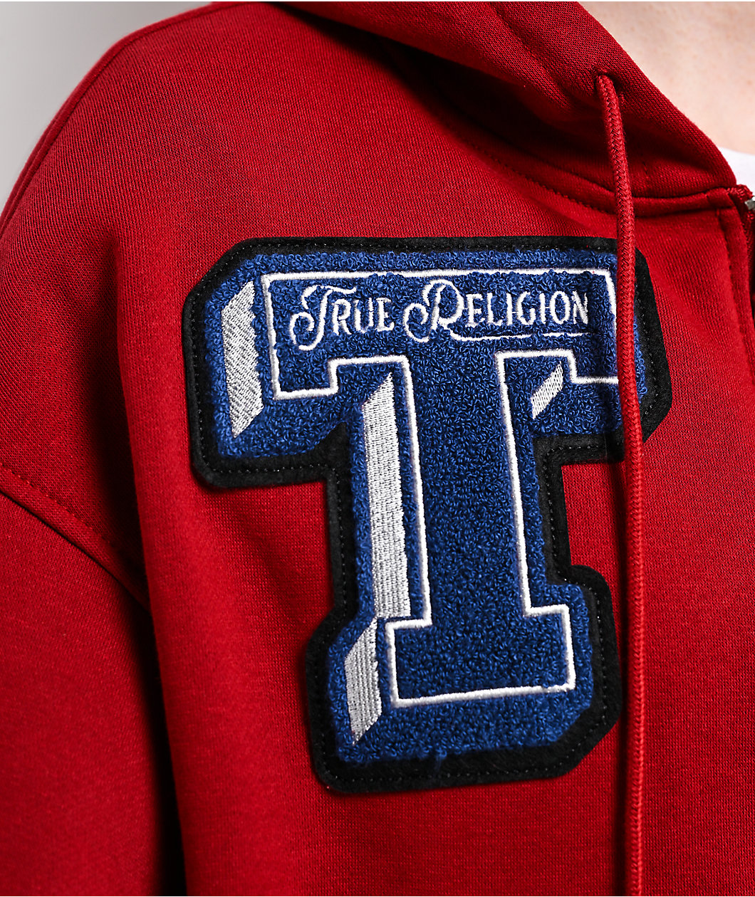 True Religion Crystal Patch Shrunken Red Crop Zip Hoodie
