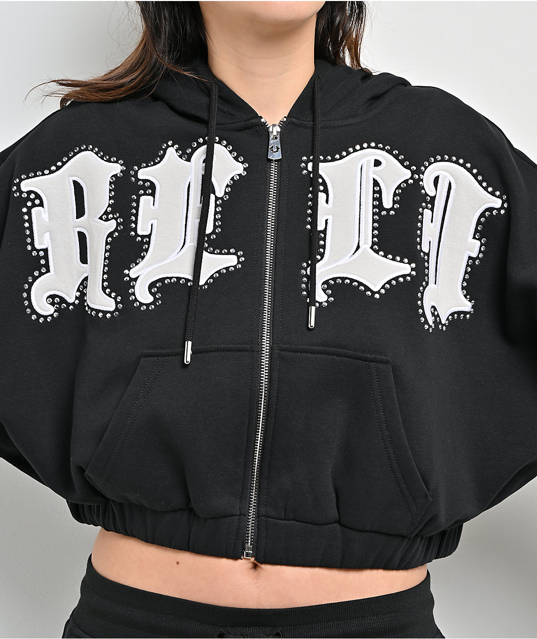 True Religion Crystal Patched Up Black Crop Zip Hoodie