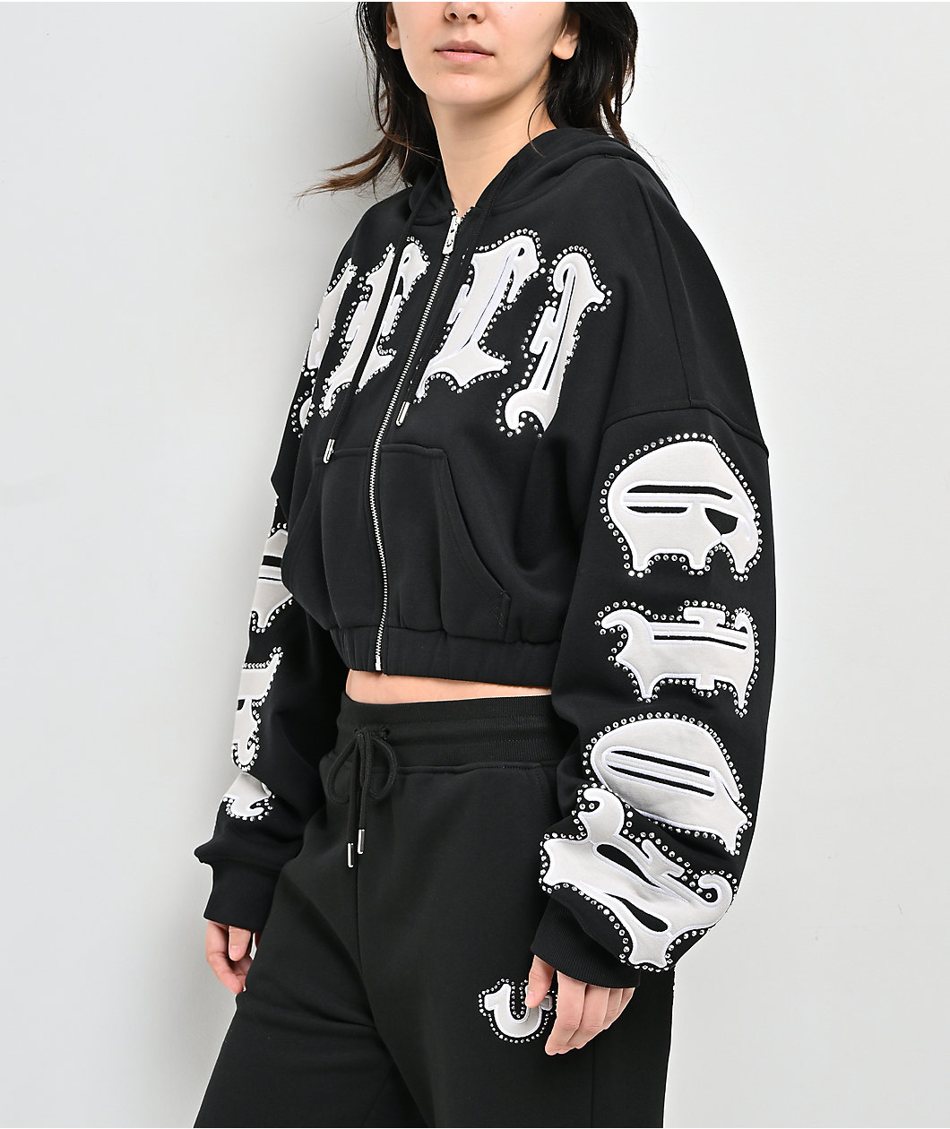 True Religion Crystal Patched Up Black Crop Zip Hoodie