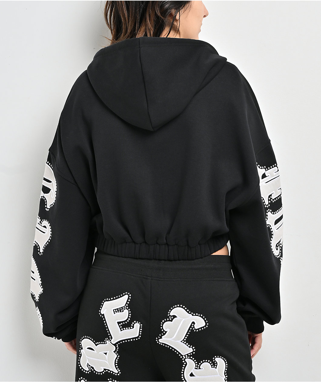 True Religion Crystal Patched Up Black Crop Zip Hoodie