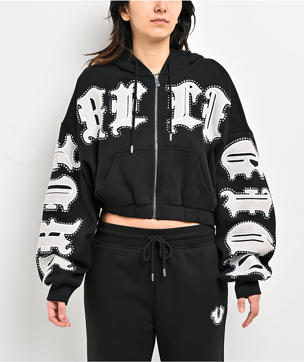 True Religion Crystal Patched Up Black Crop Zip Hoodie
