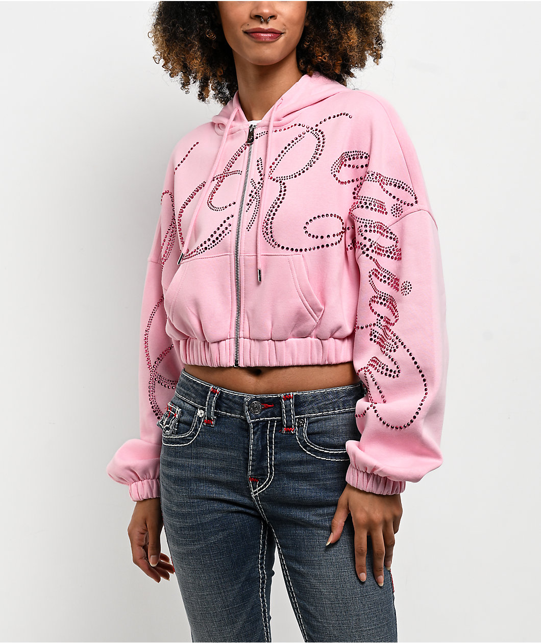 True Religion Crystal Pink Crop Zip Hoodie