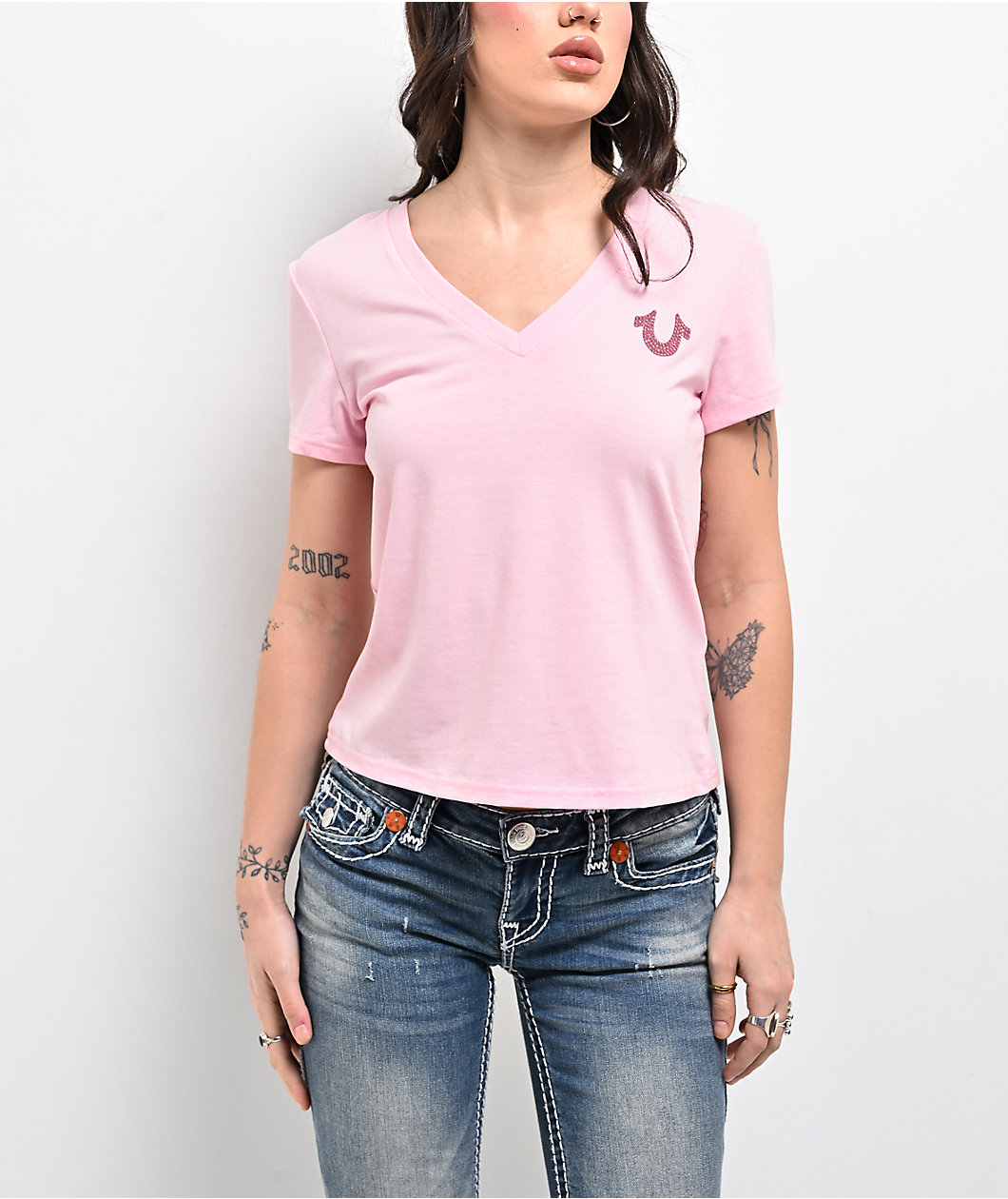 True Religion Crystal Pink V-Neck T-Shirt