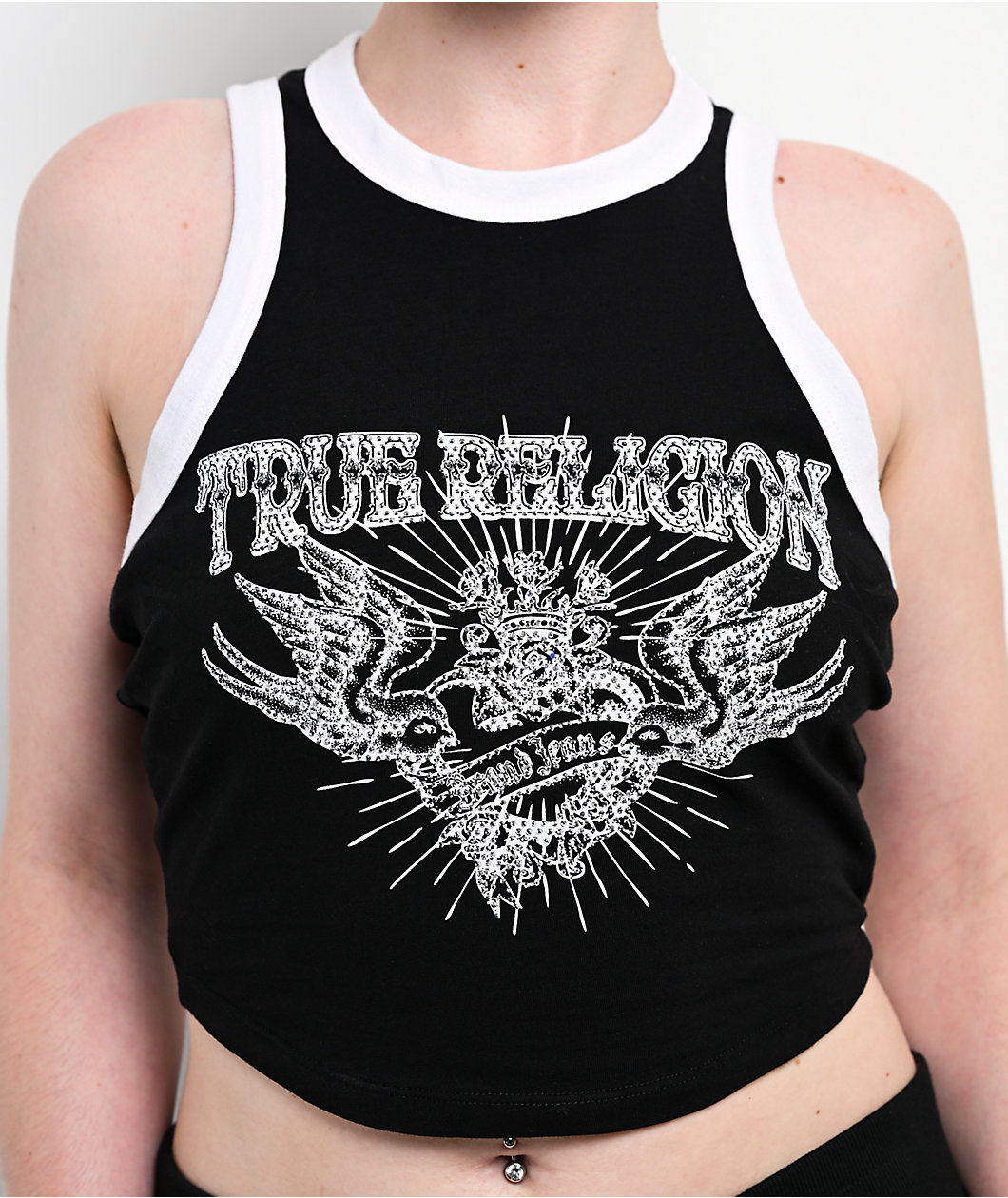 True Religion Crystal Racer Black & White Ringer Tank Top