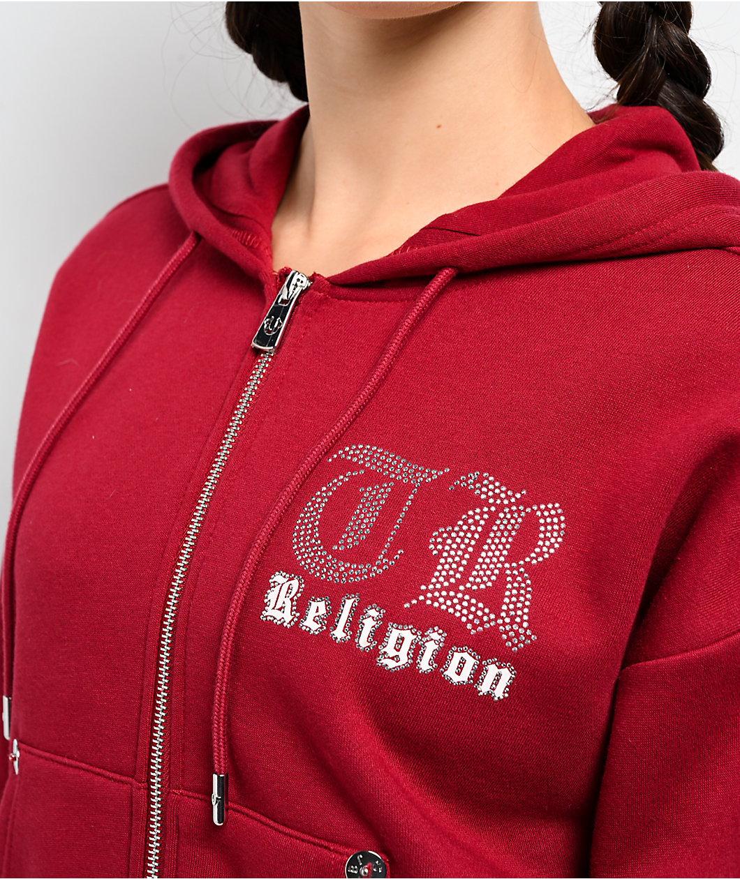 True Religion Crystal Red Relaxed Crop Zip Hoodie