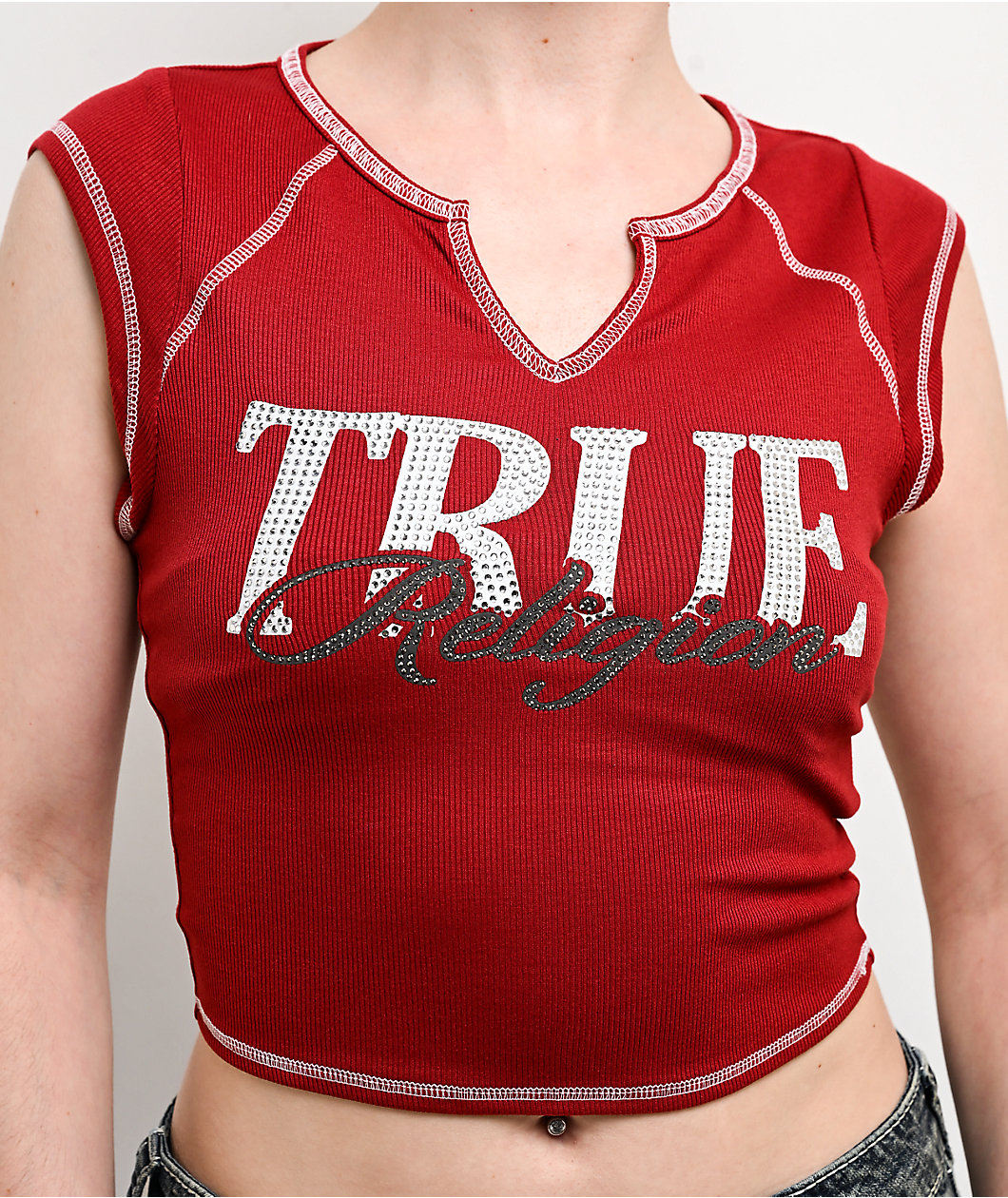 True Religion Crystal Ribbed V Notch Red Crop T-Shirt