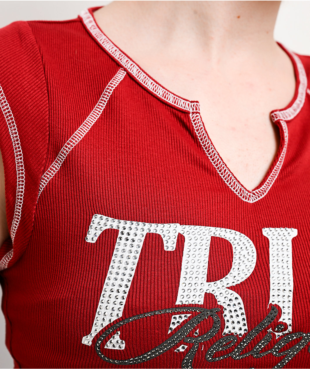 True Religion Crystal Ribbed V Notch Red Crop T-Shirt