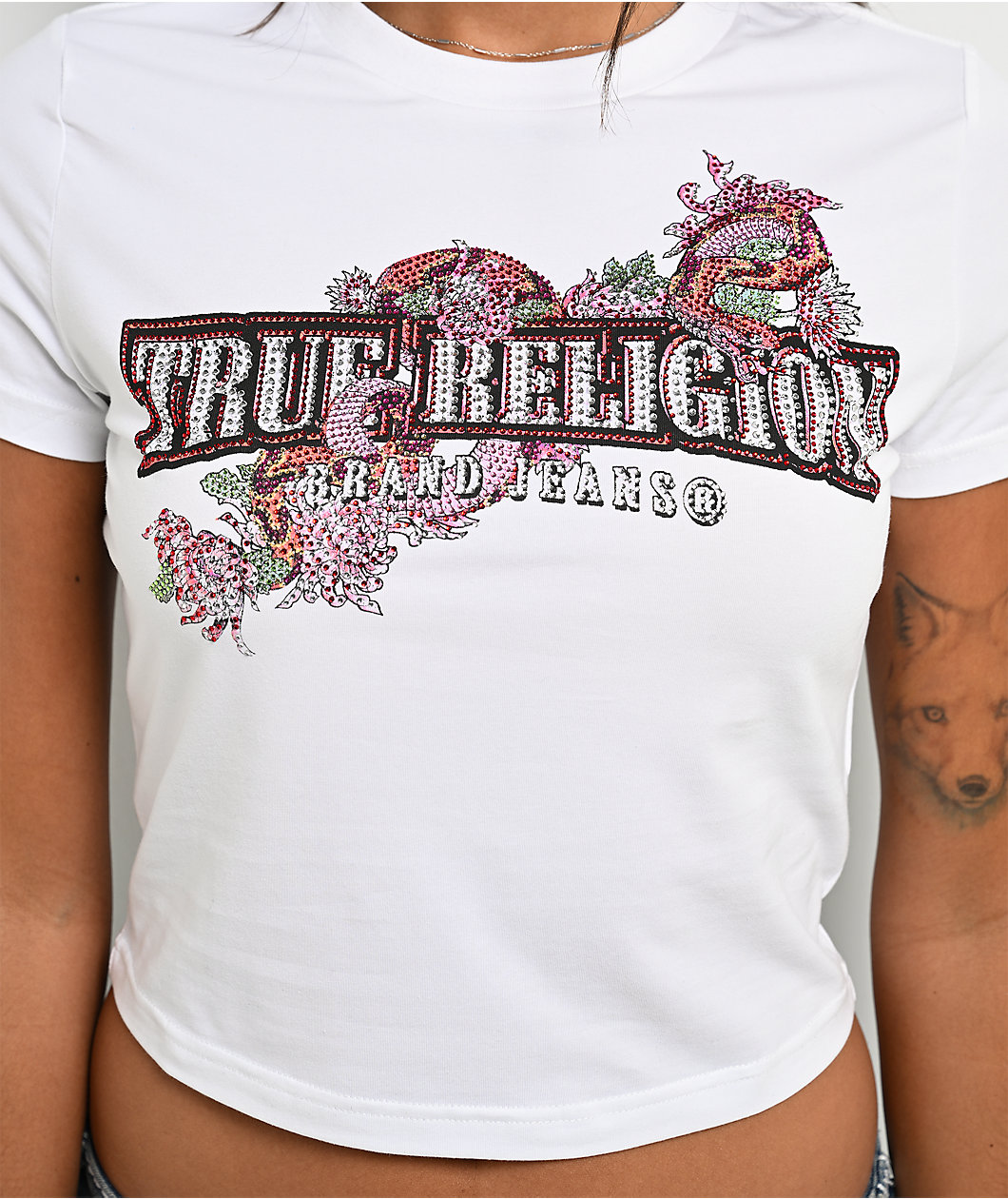 True Religion Crystal Snake White Crop T-Shirt