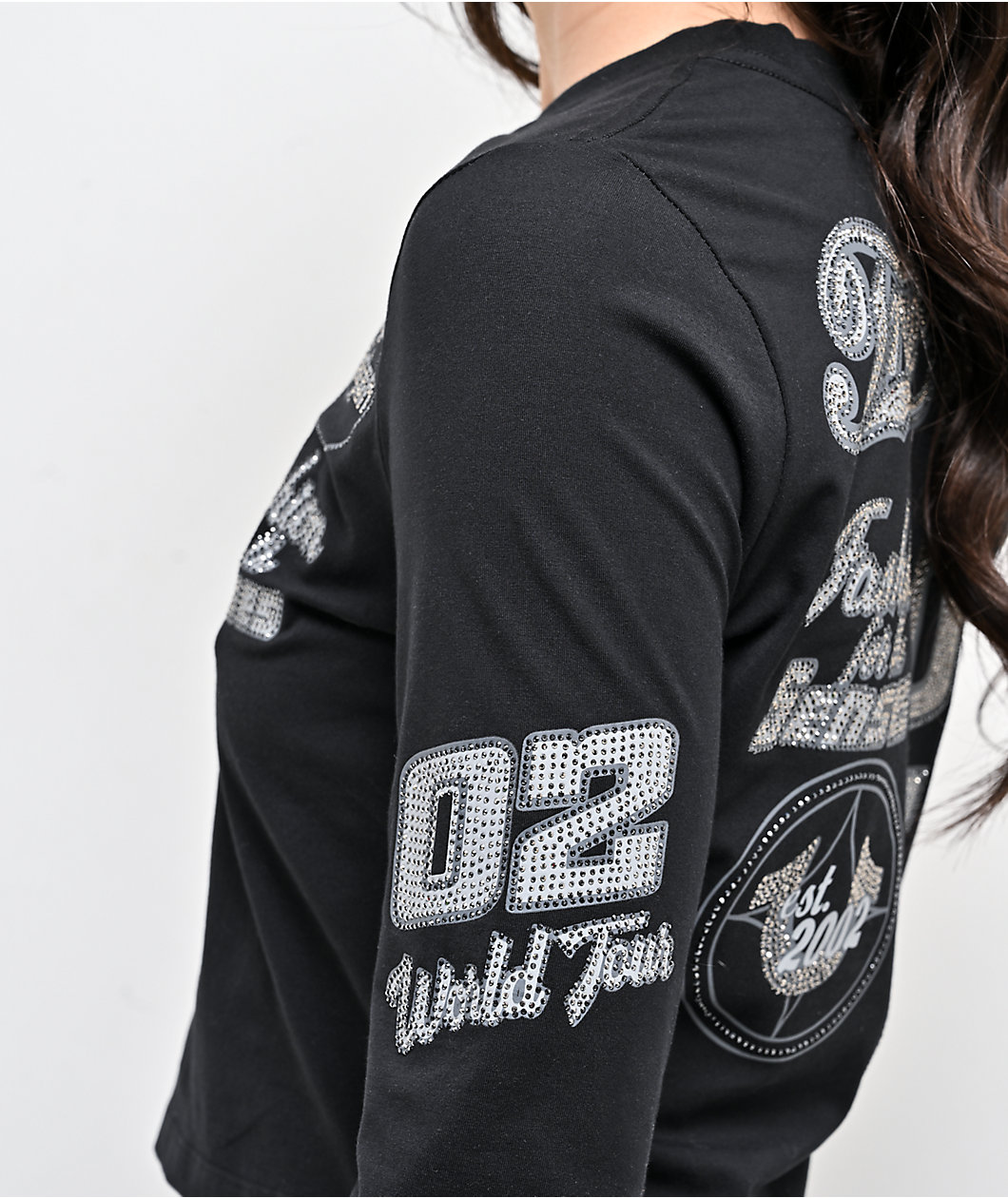 True Religion Crystal Sporty Black Long Sleeve Crop T-Shirt