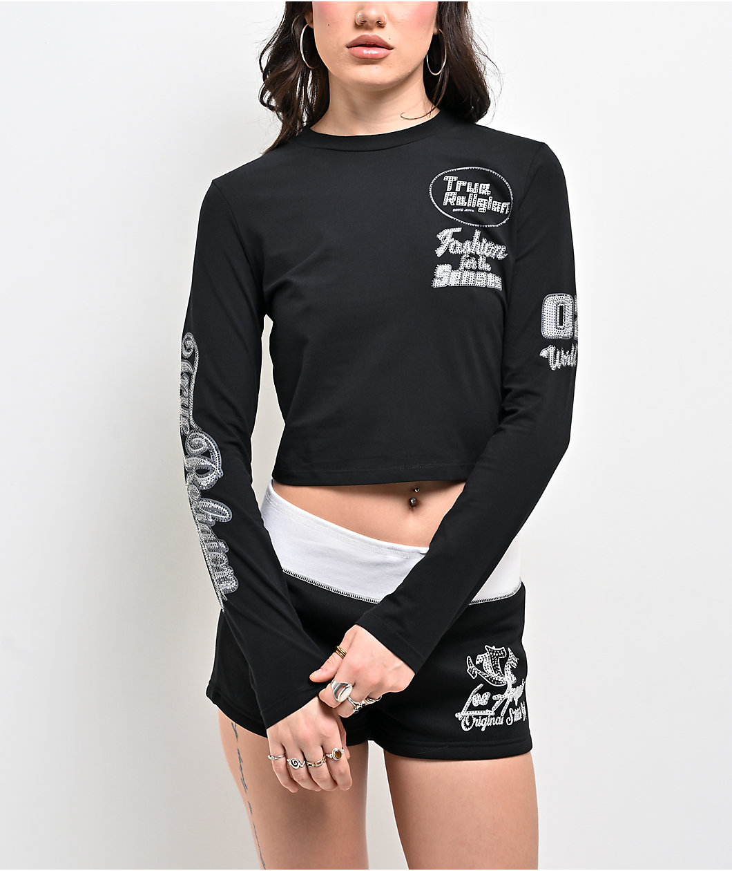True Religion Crystal Sporty Black Long Sleeve Crop T-Shirt