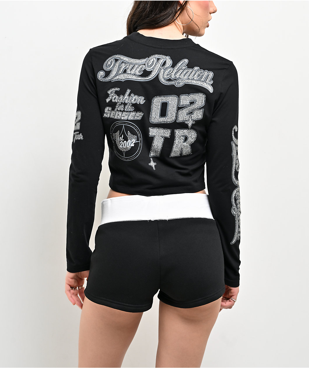 True Religion Crystal Sporty Black Long Sleeve Crop T-Shirt