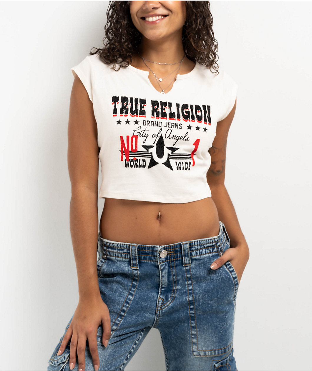 True Religion Crystal Western Notch Natural Crop T-Shirt