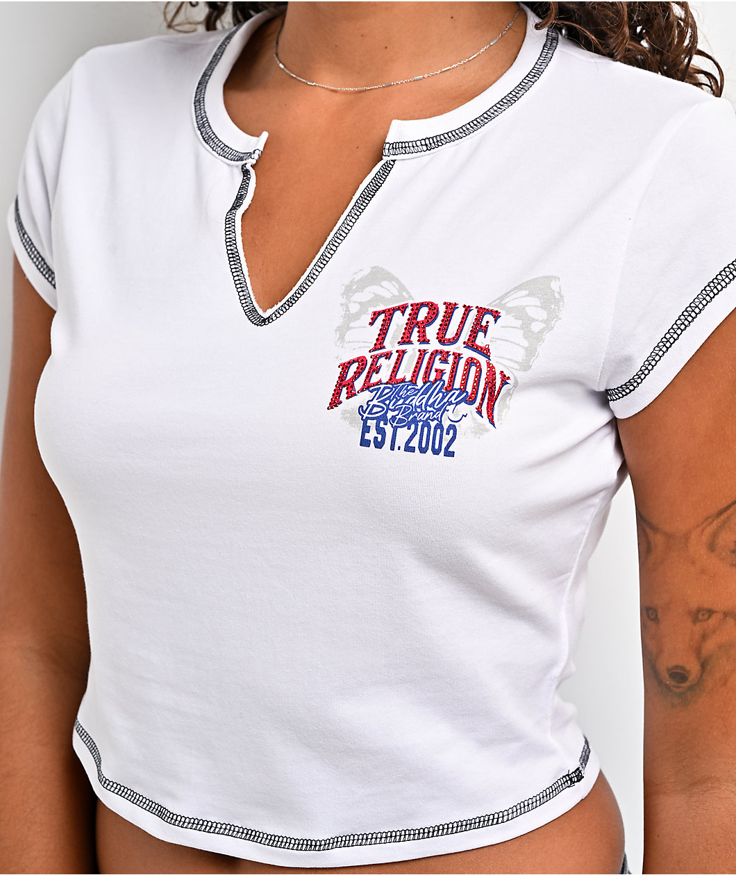 True Religion Crystal Wing Ribbed V Notch White Crop T-Shirt