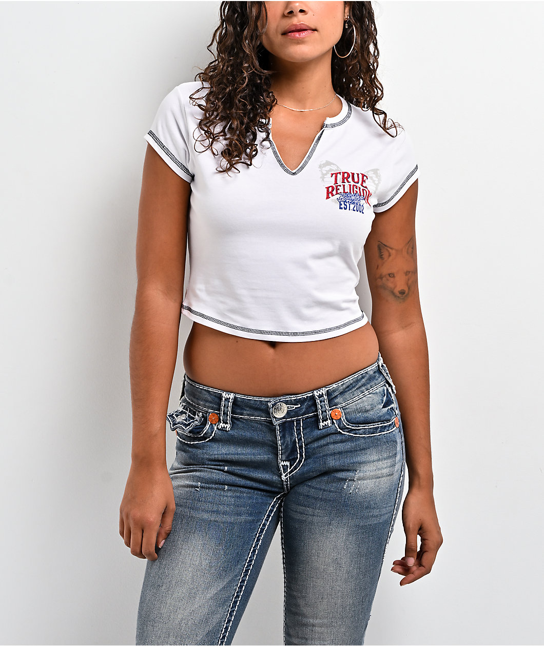 True Religion Crystal Wing Ribbed V Notch White Crop T-Shirt