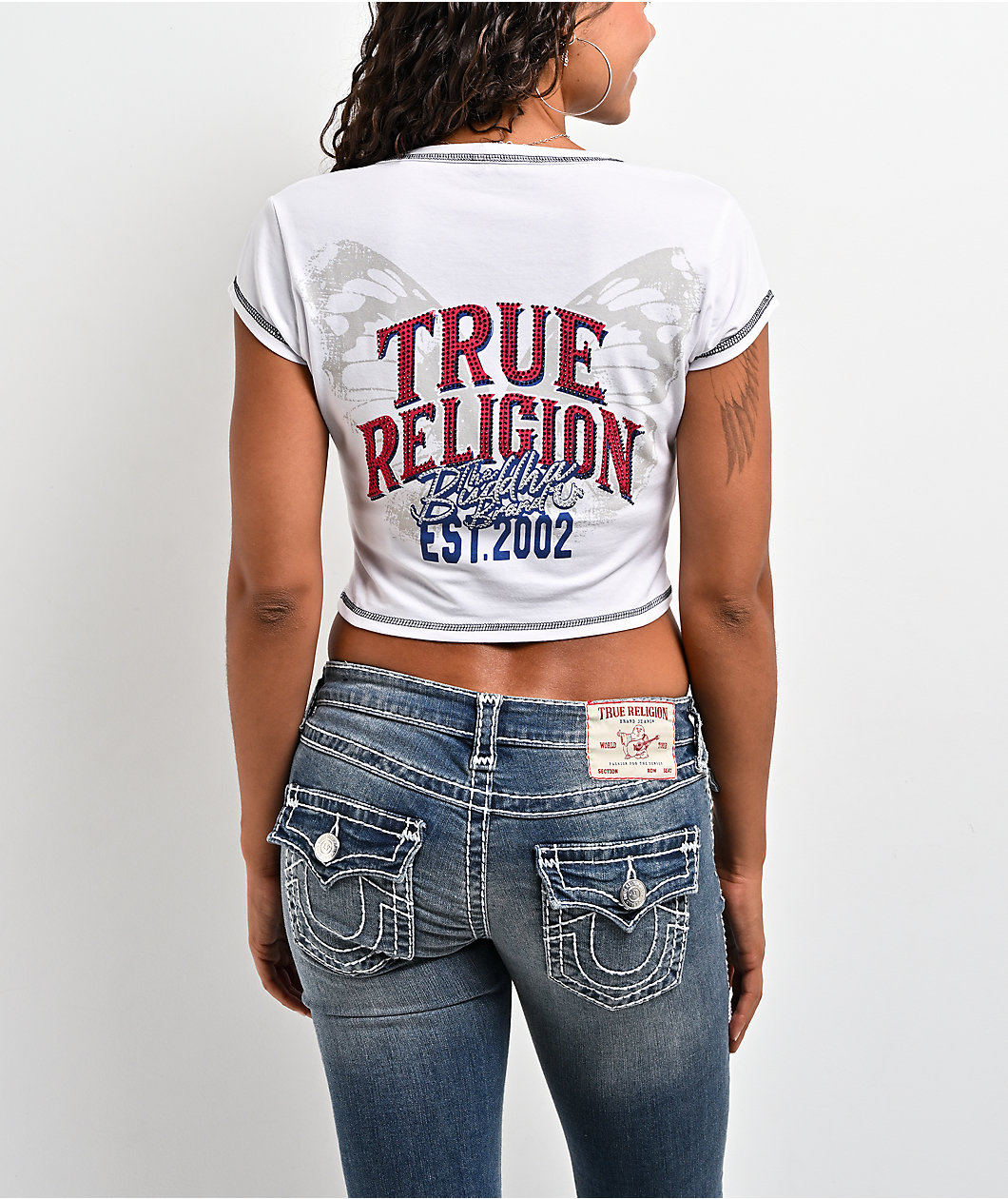 True Religion Crystal Wing Ribbed V Notch White Crop T-Shirt