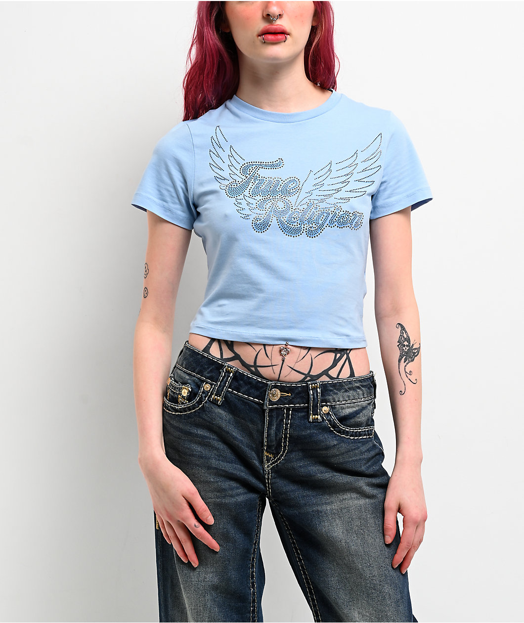 True Religion Crystal Wings Blue Crop T-Shirt