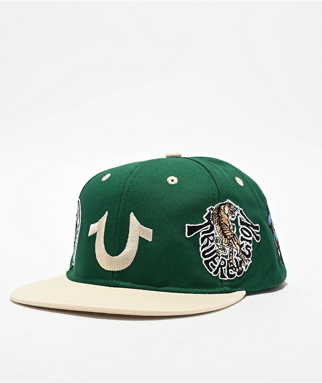 True Religion Embroidered Multi Logo Dark Jade Green Snapback Hat