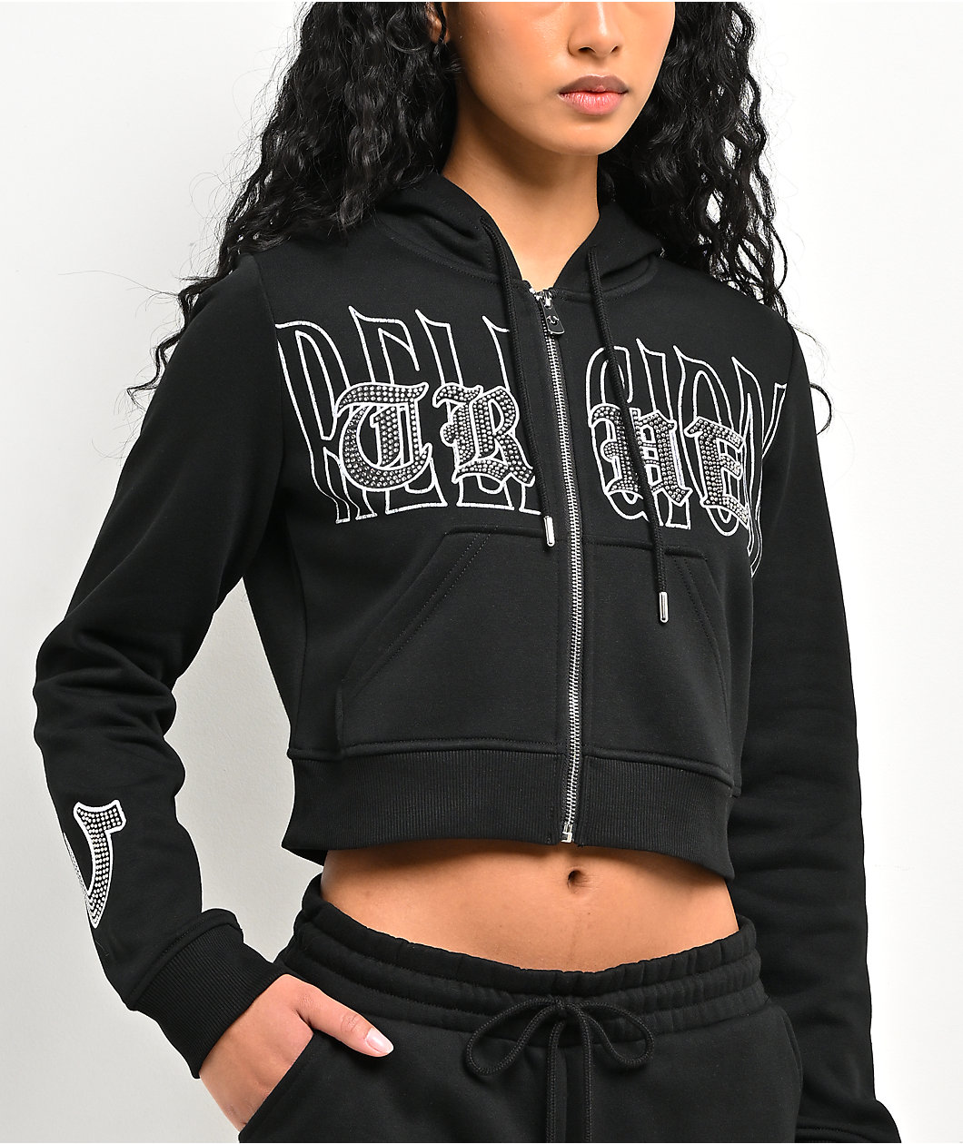 True Religion Embroidered Shrunken Black Crop Zip Hoodie