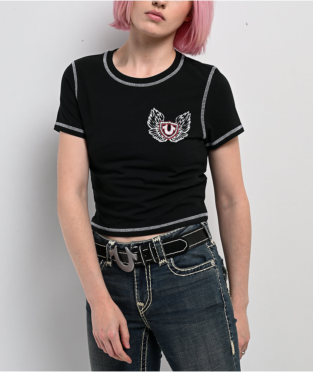 True Religion Flatlock Winged Crystal Logo Black Crop T-Shirt
