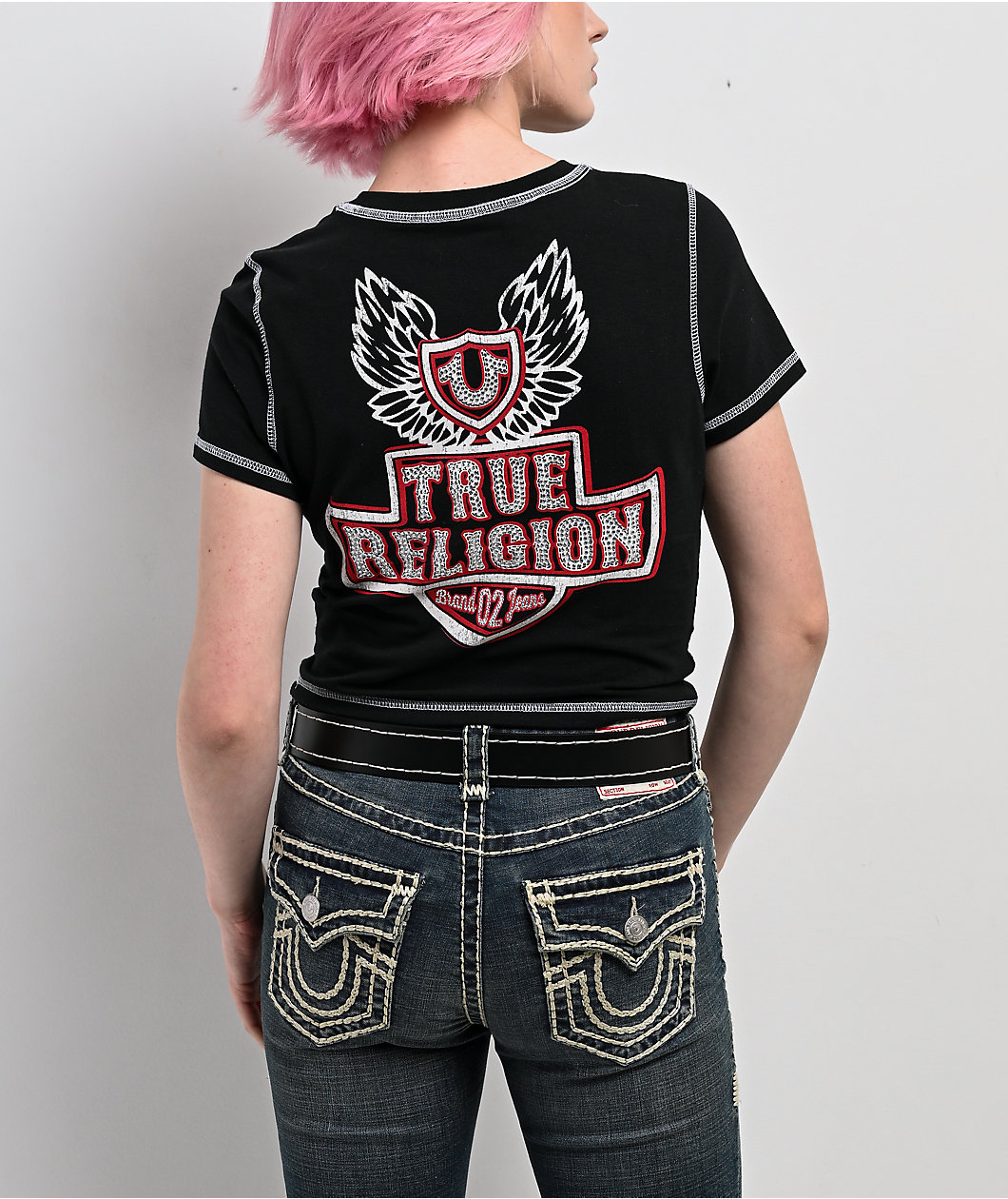 True Religion Flatlock Winged Crystal Logo Black Crop T-Shirt