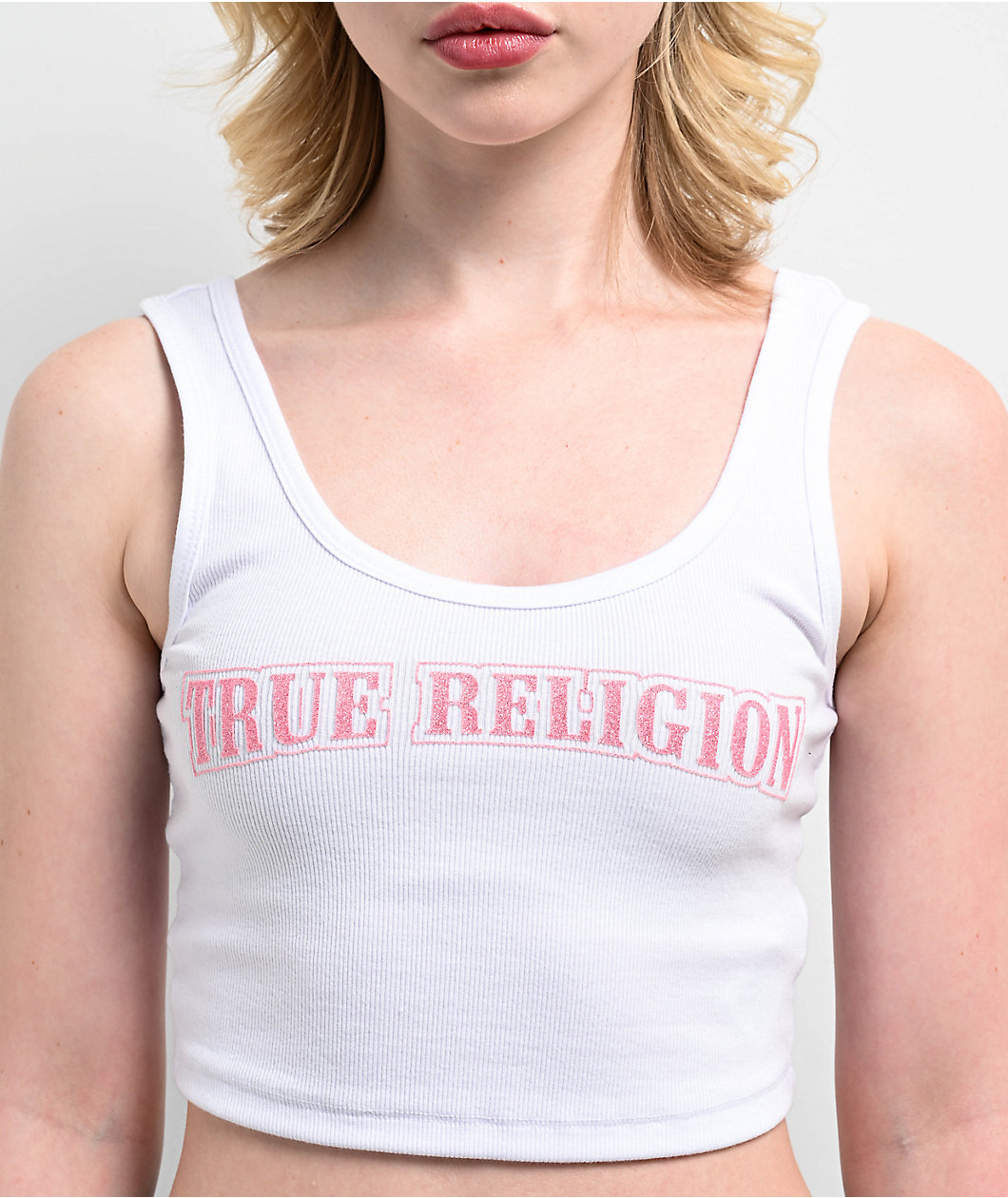 True Religion Glitter Flocked TR Logo White Crop Tank Top