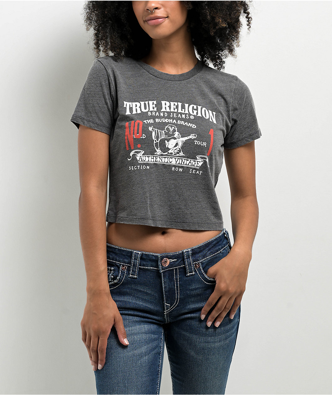 True Religion Heritage Burnout Heather Charcoal Crop T-Shirt