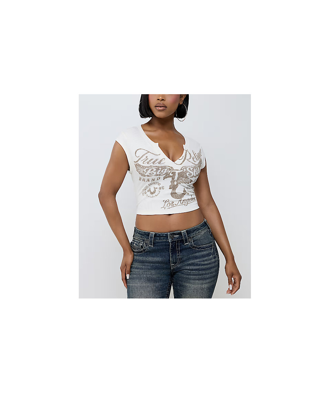True Religion Heritage Ribbed V Notch Beige Crop T-Shirt