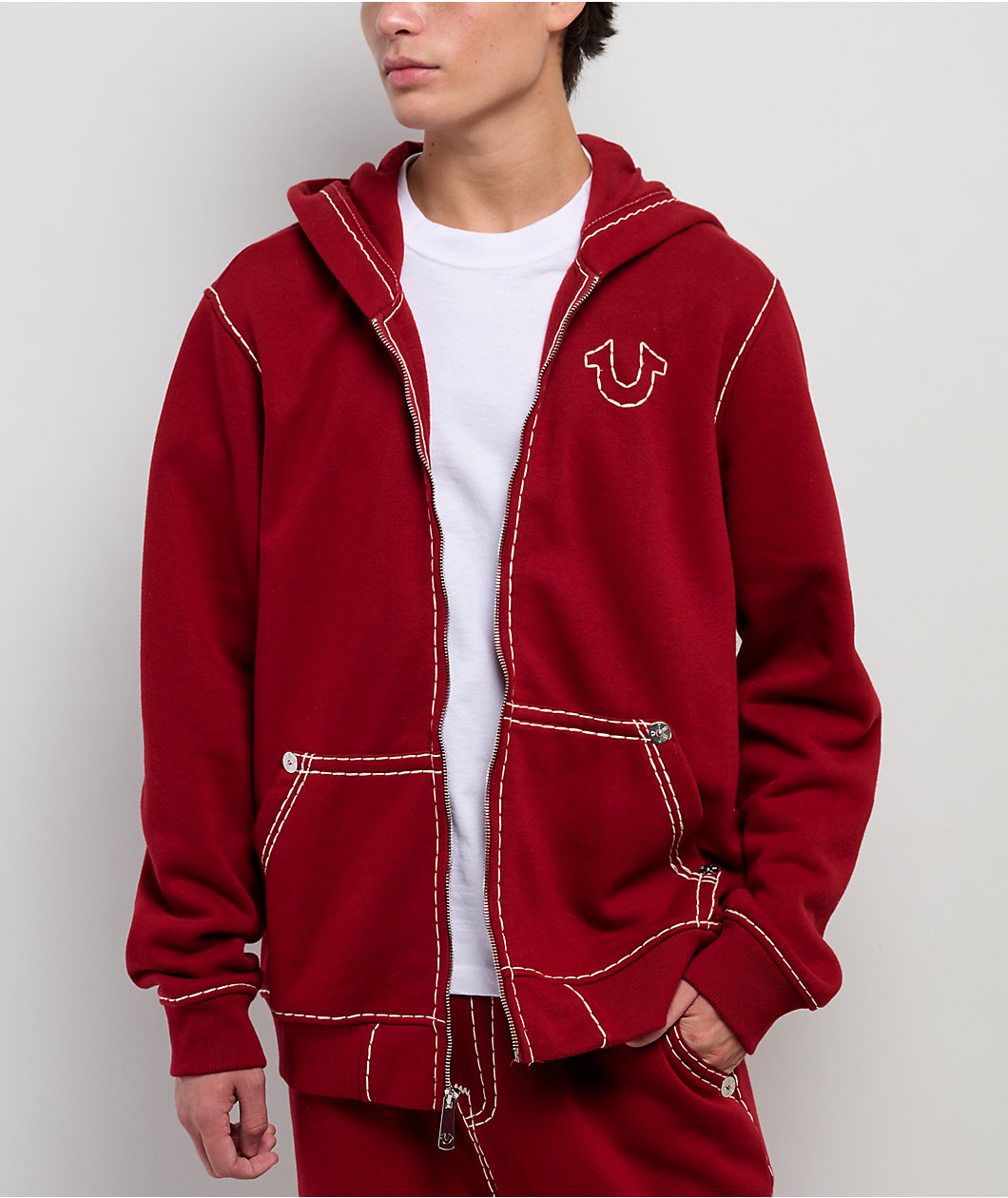 True Religion Horseshoe Embroidered Red Zip Hoodie