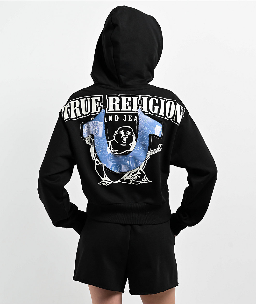 True Religion Jean Graphic Horseshoe Black Crop Hoodie